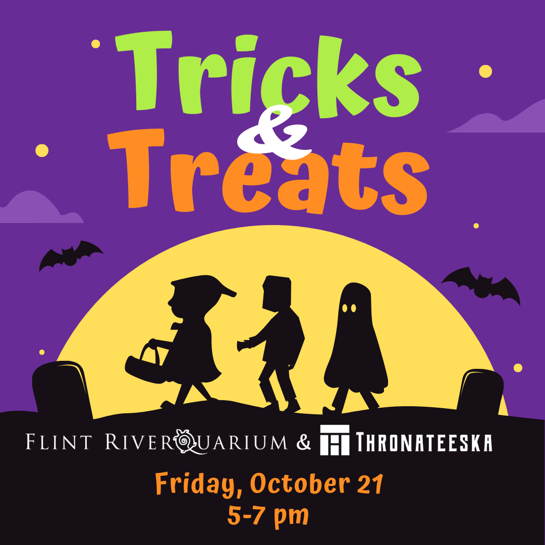 Tricks & TreatsOctober 21, 5–7 pm
Join us for trick-or-treating fun at the Flint RiverQuarium and Throntateeska, and along the 